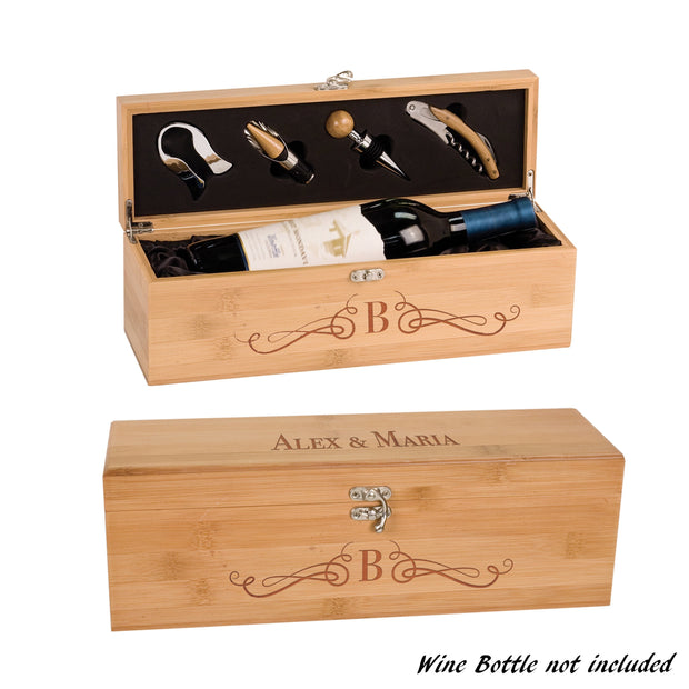 Engraved Wooden Wine Bottle Box and Opener Kit